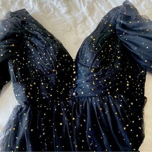 Women’s sparkly star tulle puffy sleeve formal evening dress